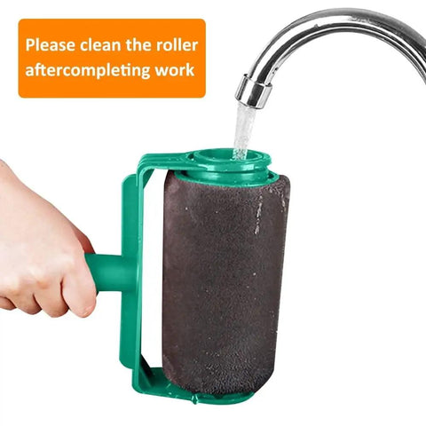 Effortless Pour And Paint Roller Delivers Zero Drama Wiping Up With Direct Dispensing Design being cleaned under a faucet.