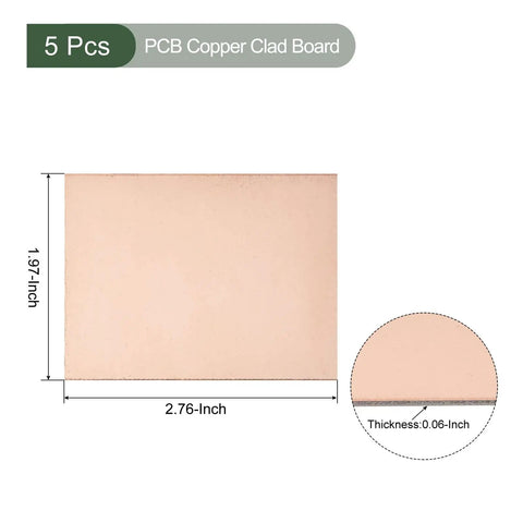 5 Pack Copper Clad FR4 Double Sided PCB Boards For DIY Electronics Hobbyists Etching And Circuit Prototyping 70Mm X 50Mm X 1.5Mm Ideal For Soldering Practice For DIYers And Tinkerers Prototyping Projects In Maker Spaces, shown with dimensions 70mm x 50mm x 1.5mm