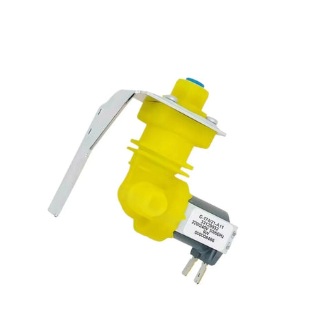 Six Watt 220 Volt Water Inlet Solenoid Valve For Ice Makers Replacement Part 000008486 in yellow plastic with metal mount
