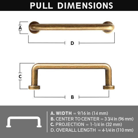 Diagram of the Set Of 12 SleekTouch Antique Brass Cabinet Pulls, 3 3/4 Inch Center To Center, showing dimensions and features.