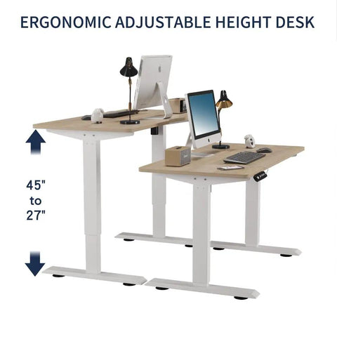 Electric Standing Desk with Solid Steel Frame And Smooth Height Adjustment For Home Office Gaming Setup That Rocks A Sleak Oak Finish with adjustable height from 27 to 45 inches.