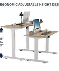 55 Inch Large Electric Height Adjustable Standing Desk For Home Office Sit Stand Motorized Workstation With Oak Finish Smooth Quiet Operation To Boost Focus And Relieve Posture Strain During Long Sitting Sessions, showing adjustable height range from 27 to 45 inches.