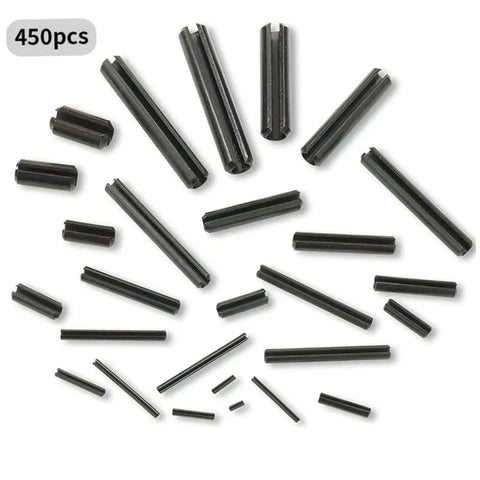 Pro Grade Roll Pins Assortment Kit With Slotted Spring Dowel Pins 450 Pcs For Cogs And Wheels, black steel pins