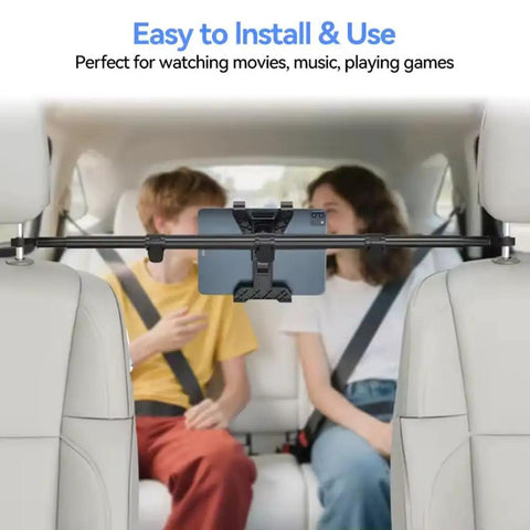 Rock Solid Rear Headrest Tablet Mount For Tesla Cybertruck showing kids using a tablet in the backseat for entertainment.