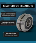 8 Pack Rubber Sealed V Groove Roller Ball Bearings 3/8 Inch RM2-2RS Chrome Steel High Performance Bearings image showing product features.