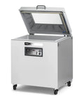 Badass Industrial Chamber Vacuum Sealer With Dual Seal Bars Designed For High Volume Commercial Kitchens And Food Processing Plants, silver machine with open lid.