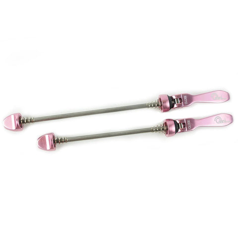 OMNI Racer pink stainless alloy quick-release wheel skewers, set of two.