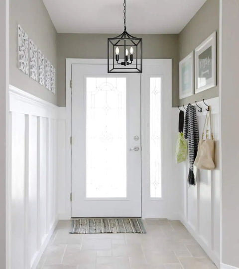 Dope Three Light Industrial Farmhouse Chandelier In Matte Black With Square Cage Pendant in entryway, showcasing rustic style.