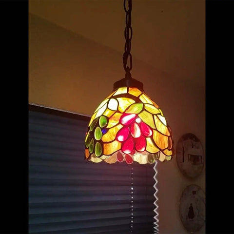 Grape Tiffany Style Stained Glass Ceiling Pendant Light with Seven Inch Lampshade featuring colorful handcrafted panels