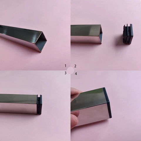 4 Pack 2x2 Inch End Caps For Square Tubing Black Plastic Plugs on pink background, showcasing installation on square metal tube