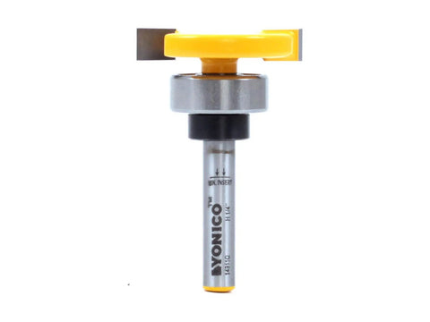 Front view of Top Bearing Slot Cutter Router Bit For 1/4 By 1/4 Inch Slots, 1-1/4 Inch Diameter with a 1/4 Inch Shank, premium C3 carbide edge.