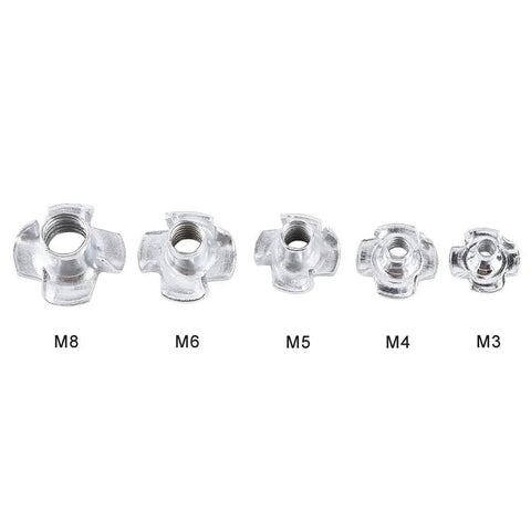 Five sizes of zinc-plated four-prong T nuts from M3 to M8 for 90Pcs Carbon Steel T Nuts Set With Zinc Plated Four Pronged Tee Nuts For Wood Furniture Blind Insert Kit For Woodworking And DIY Projects Anti Rotation Design Keeps Bolts Tight And Spinning Free