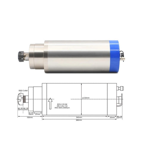 Built Tough Water Cooled CNC Spindle Motor With ER25 Chuck And Four Bearings For Heavy Duty Milling Engraving Drill Smooth Running Setup On Wood Or Metal Straight Up Reliable 380V 220V Power, side view with dimensions.