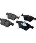 Front brake pad set for BMW 128i (2008–2011), four pads with dark friction material and metal backing plates