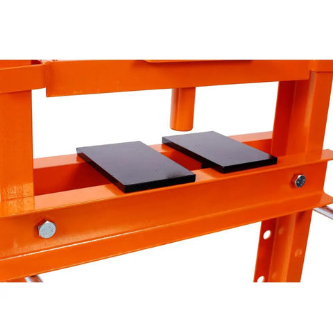 Heavy Duty 12 Ton Hydraulic Shop Press With Portable H Frame showing adjustable black pressing plates in bright orange frame.