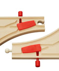 Interactive Mechanical Switches For Wooden Train Tracks 2 Piece Set With Reversible Left Or Right Turns showing track design and connectors