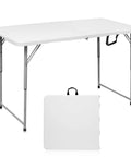 Sturdy 4 Foot Portable Folding Table That Folds In Half, Heavy Duty Plastic Utility Desk with easy carry handle, unfolded and folded view
