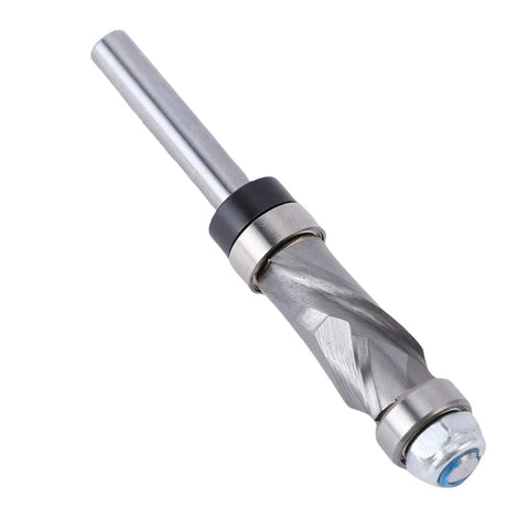 Heavy Duty Double Bearing Spiral Flush Trim Router Bit With 1/4 Inch Shank And Premium Tungsten Carbide Cutter, close-up view.