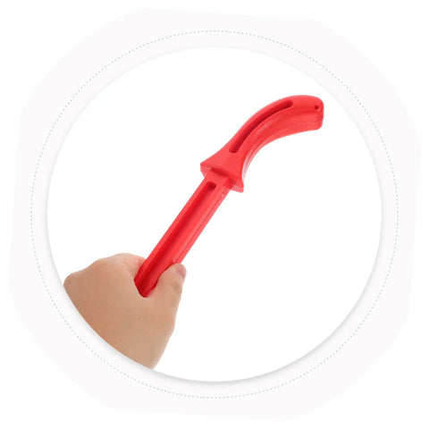 Hand holding red woodworking push stick, part of 2 Pack Woodworking Push Sticks for Safety and Precision, Ergonomic Jointer Push Blocks.