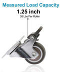 Side view of 1.25 inch caster wheel with brake, rubber swivel, and metal top plate showing 35 lbs load capacity label.