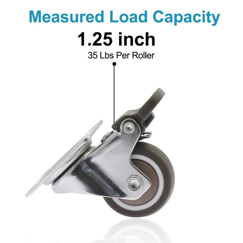 Side view of 1.25 inch caster wheel with brake, rubber swivel, and metal top plate showing 35 lbs load capacity label.