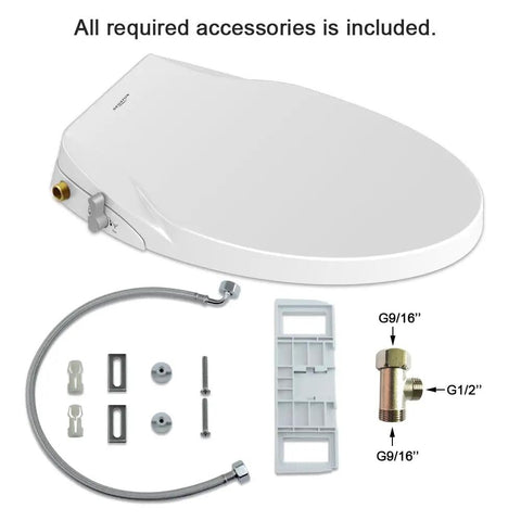 Self Cleaning Dual Nozzle Bidet Seat With Non Electric Operation Separate Front And Rear Cleaning Natural Water Spray Soft Close Lid Easy DIY Installation For A Fresh Hygienic Bathroom Upgrade shown with all required accessories