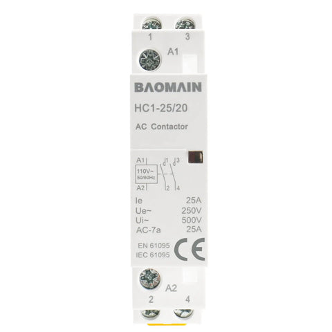 110V AC 2-Pole Modular Contactor With 2NO Normally Open Contacts, Beefy 25A Rating, DIN Rail Mount For HVAC, Motor, Pump And Lighting Control