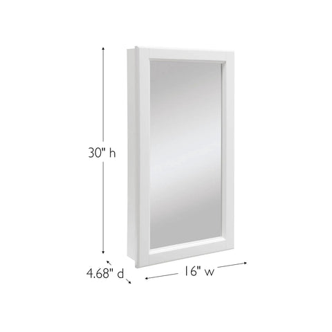 White Wall Mounted Bathroom Medicine Cabinet With Mirrored Door 16 Inch Wide 30 Inch High 4.75 Inch Deep Two Adjustable Shelves