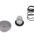 Premium Gy6 Oil Filter Mesh Spring Set With Drain Plug And Secure Aluminum M30 Screw Plus Rubber O-ring For Perfect Seal And Leak Free Performance On Your Scooter Or ATV Engine. silver drain plug, mesh filter and spring on white