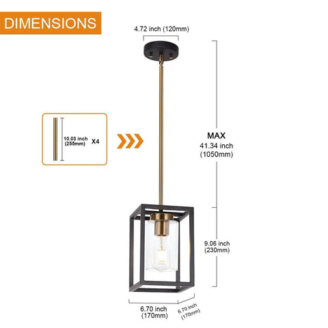 One Light Lantern Pendant With Adjustable Stem Black And Brushed Brass dimensions illustration
