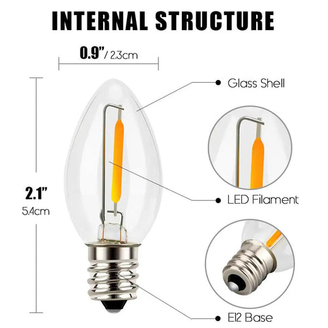 Cozy C7 LED Night Light Bulbs With E12 Candelabra Base, Clear Warm White 2700K internal structure, glass shell and filament