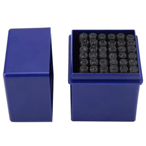 36 Piece 5mm Metal Stamping Kit With Alphabet And Number Stamps in blue box for Leather Tooling, DIY Crafts