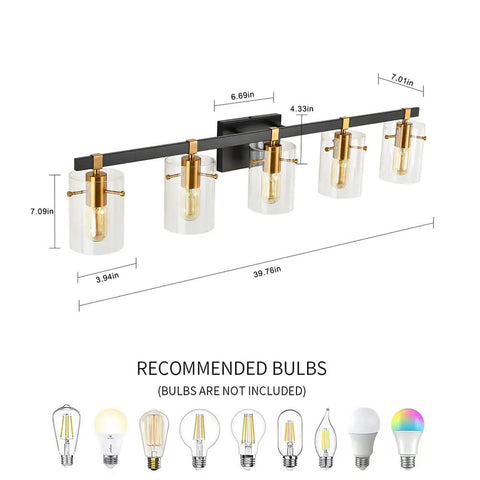 5-Light Industrial Style Bathroom Vanity Light Not Dimmable Fixture With Matte Black Finish Brushed Gold Copper Accent Sockets Clear Glass Shade