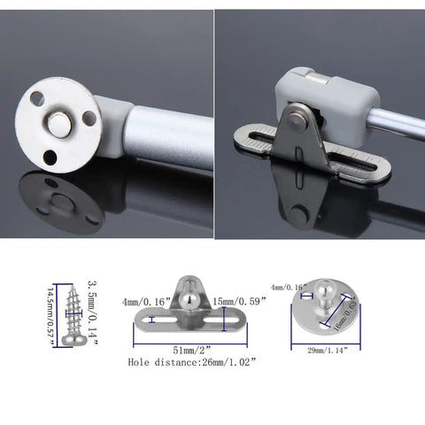 Smooth Acting Gas Strut Cabinet Hinge With Safety Lift Support And Reliable Soft Close Function For Toy Boxes And Cabinets, Durable Stainless Steel Core, Easy No Sweat Install, 2 Piece Set, showcasing components and measurements.