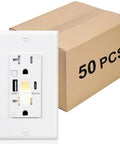 White USB Wall Outlet With Night Light And Manual Switch, Tamper Resistant Usb C And Type A Ports, Real Sweet Deal For Modern Kitchens, Straight Up Essential Home Renovation Gear, 50 Pack in front of cardboard box labeled 50 PCS.