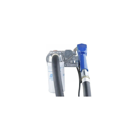 No Sweat Fuel Transfer Pump With Automatic Shut Off Nozzle And Premium Filter Kit 18 GPM 12 Volt Motor showing filter and nozzle.