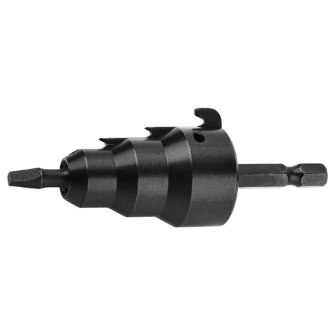 Valkynos conduit reamer tool, side view, black metal with stepped conical body and hex drive for 1/2–1 in conduit