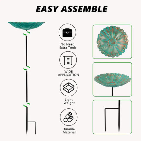 Flower Bird Bath With Metal Stake Set Of Four For Outdoor Gardens A Charming Yard Decor For Bird Lovers Each Bath Measures 7.1 Inches In Diameter And 1.3 Inches Deep With Easy To Install Stakes - close-up showing assembly instructions
