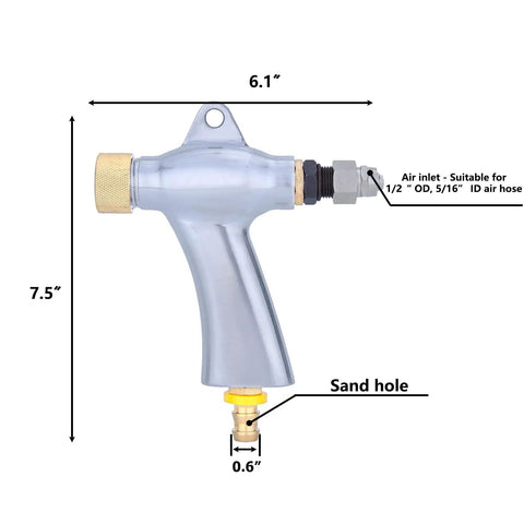 Air Sandblasting Gun For Sandblasting Cabinets Compatible With 990L And 1200L Models Pro Grade Grip with dimensions labeled