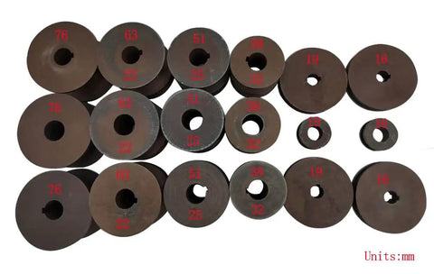 Nineteen precision cutting dies for Hardcore Portable Electric Pipe Bender And Tube Roller Badass With Nine Round Plus Eight Square Dies.