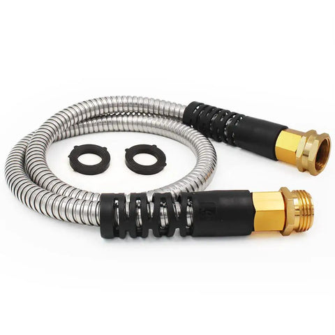 Stainless Steel Garden Hose With Metal Leader, 3 Ft Long, brass fittings, lightweight, heavy duty water pipe, no kink, leak proof