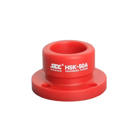 HSK50A Tool Holder Tightening Fixture For Universal CNC Equipment with aluminum alloy construction shown in red, front view.