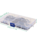 340 Piece Black Internal Tooth Lock Washers And Push On Clips Fasteners Kit shown in transparent case with dimensions
