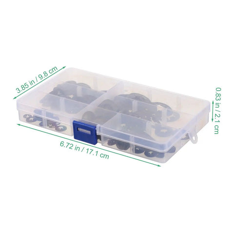 340 Piece Black Internal Tooth Lock Washers And Push On Clips Fasteners Kit shown in transparent case with dimensions