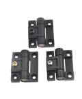 Adjustable Friction Positioning Torque Hinge E6 Black Plastic One Piece XK513 1B for cabinets and DIY projects, three hinges displayed