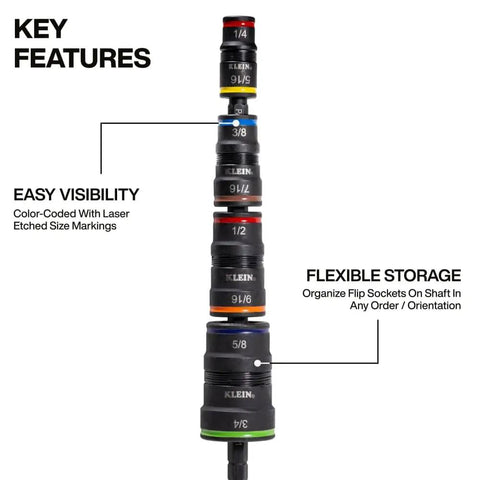 Nine In One Flip Socket Set For Impact Driver With Eight Hex Sizes From Quarter To Three Quarter Inch Four Flip Sockets And One Quarter Inch Bit Holder Rare Earth Magnet For One Hand Drive No Fuss Color Coded Sizing For Quick Grabs, showing stack with color-coded sizes.