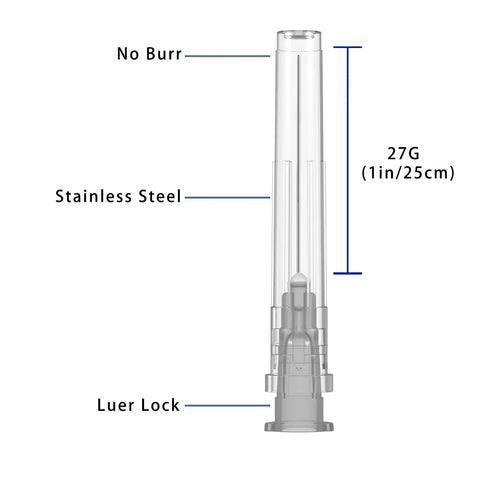 27 Gauge 1 Inch Luer Lock Needles, Pack of 100, Individually Sealed With Cap, Stainless Steel and Polyethylene Construction, Straight and Spiral Luer Locks to Prevent Dislodging, Durable Medical Syringe Tips, 27G needle close-up