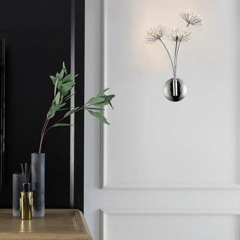 Crystal Glass 3 Light Dandelion Wall Sconce In Brushed Nickel Stainless Steel Mount For Bedroom Living Room Hallway Modern Starburst Firework Design LED Compatible Bulbs Lux Ambiance Easy Install mounted on wall.