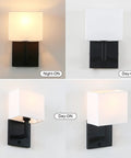 Black Finish Wall Sconce With White Textile Shade, On Off Switch, Sleek Modern Nightstand Lamp For Bedroom And Bedside Reading