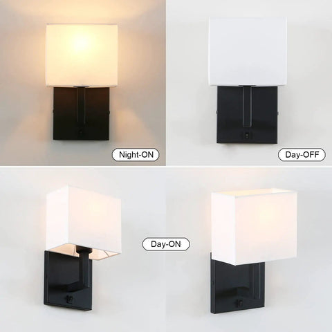 Black Finish Wall Sconce With White Textile Shade, On Off Switch, Sleek Modern Nightstand Lamp For Bedroom And Bedside Reading